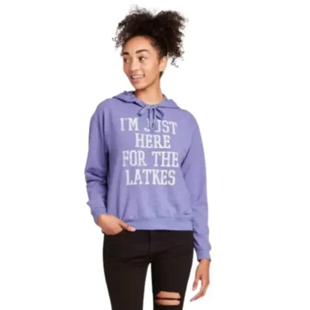 NWT Blue Graphic I'm Just Here For The Latkes Pullover Hoodie Womens Size Large